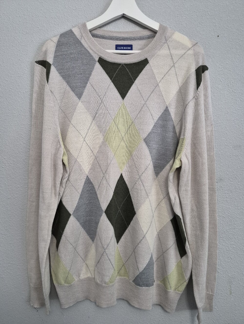 Club Room Merino Wool Blend Cream Argyle Sweater Men Large Preppy